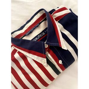 Y2K Nautica Men Striped Button-Down Shirt LARGE Vintage 90s Red White Blue